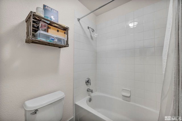 bathroom featuring toilet and shower / bathtub combination with curtain