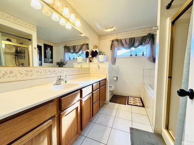 full bathroom featuring tile patterned flooring, vanity, separate shower and tub, and toilet