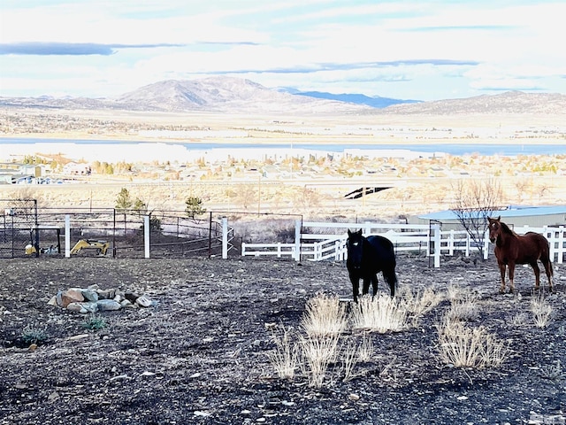 view of yard with a rural view and a water and mountain view