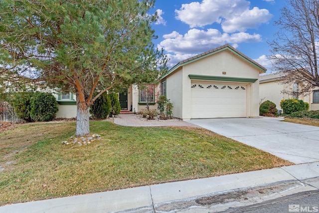 ranch-style house with a front yard and a garage