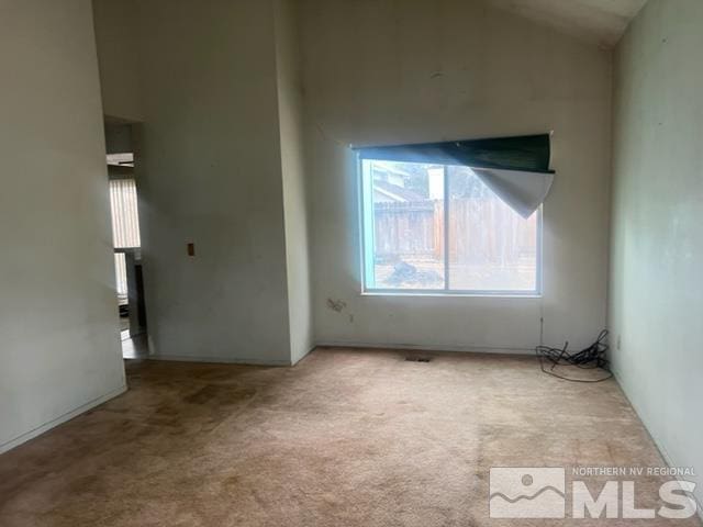 spare room with carpet floors and lofted ceiling