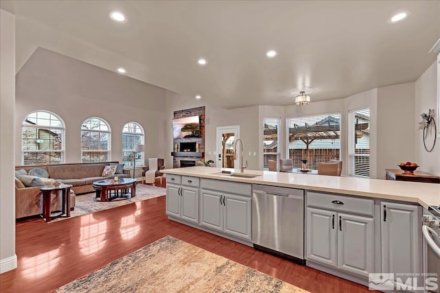 kitchen with dishwasher, stove, light hardwood / wood-style floors, and sink