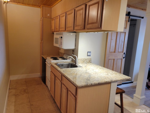 kitchen featuring kitchen peninsula, a breakfast bar, white appliances, sink, and wooden ceiling