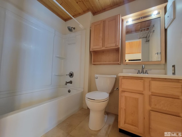 full bathroom featuring tile patterned floors, tub / shower combination, wood ceiling, vanity, and toilet