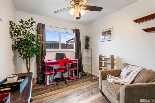 office space featuring ceiling fan and wood-type flooring