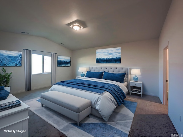 carpeted bedroom with lofted ceiling