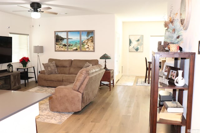 living room featuring light hardwood / wood-style flooring and ceiling fan