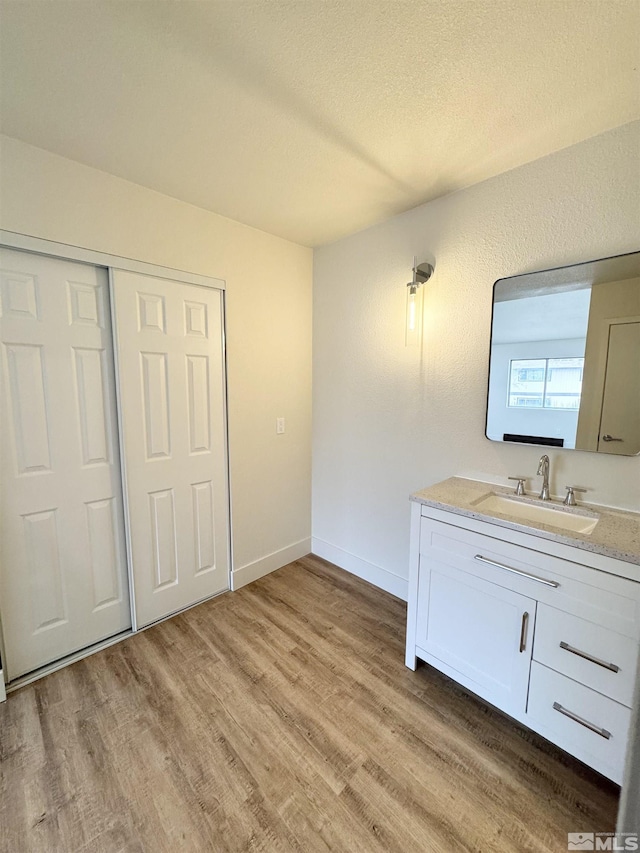 bathroom with hardwood / wood-style floors and vanity