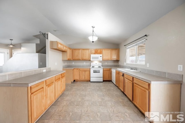 kitchen featuring light brown cabinets, white appliances, sink, hanging light fixtures, and vaulted ceiling