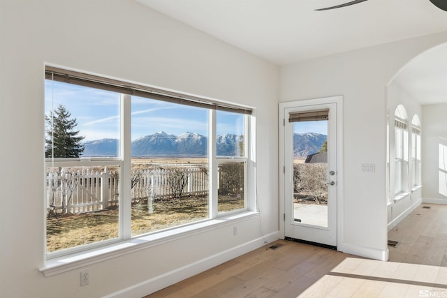 interior space featuring a mountain view and light hardwood / wood-style flooring