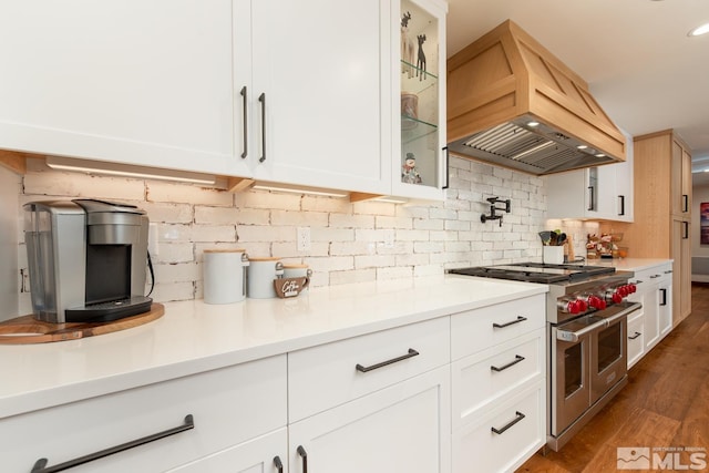 kitchen with premium range hood, white cabinets, and double oven range