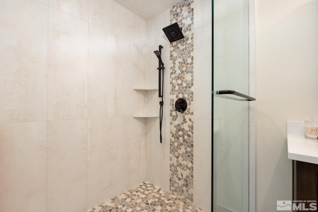 bathroom with a shower with shower door