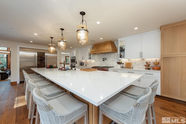 kitchen featuring decorative backsplash, premium range hood, a large island with sink, pendant lighting, and white cabinets