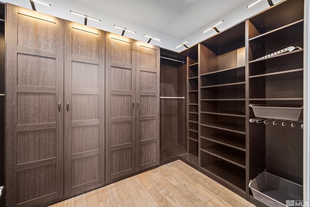 walk in closet with light hardwood / wood-style flooring