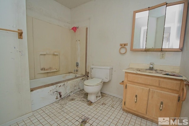 full bathroom with tile patterned floors, vanity, toilet, and washtub / shower combination