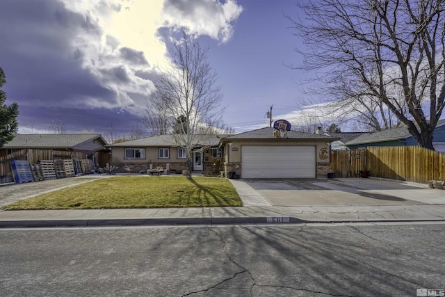 single story home with a front yard and a garage