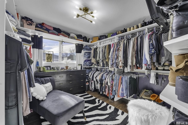 walk in closet featuring a notable chandelier and dark wood-type flooring