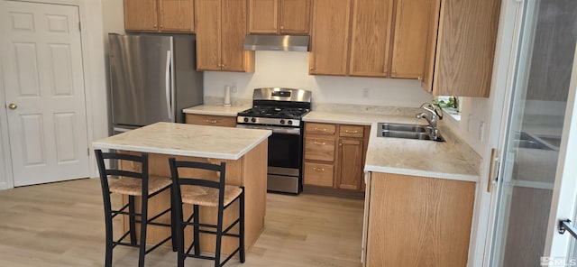 kitchen with sink, appliances with stainless steel finishes, a kitchen bar, a kitchen island, and light wood-type flooring