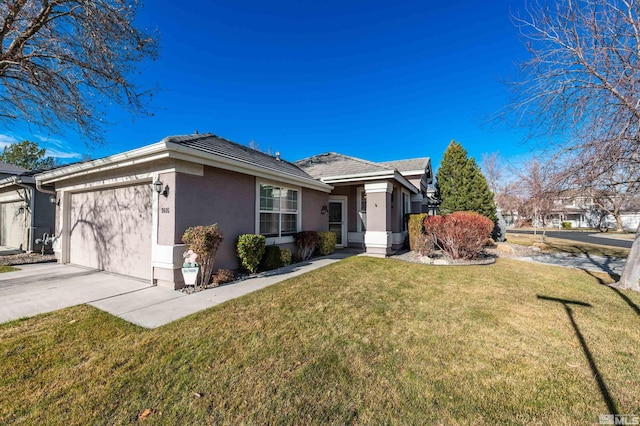 single story home featuring a front yard and a garage