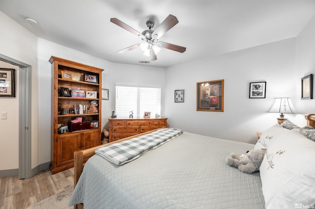 bedroom with ceiling fan and light wood-type flooring