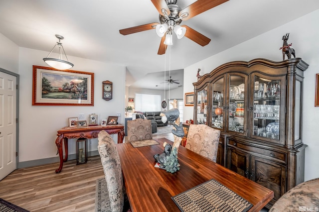 dining area featuring ceiling fan and light hardwood / wood-style flooring