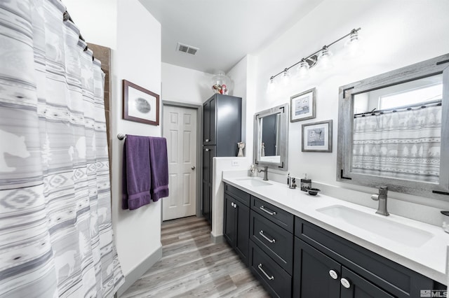 bathroom with hardwood / wood-style floors and vanity