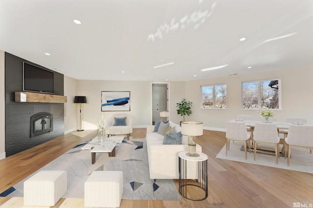 living room featuring light wood-type flooring and a fireplace