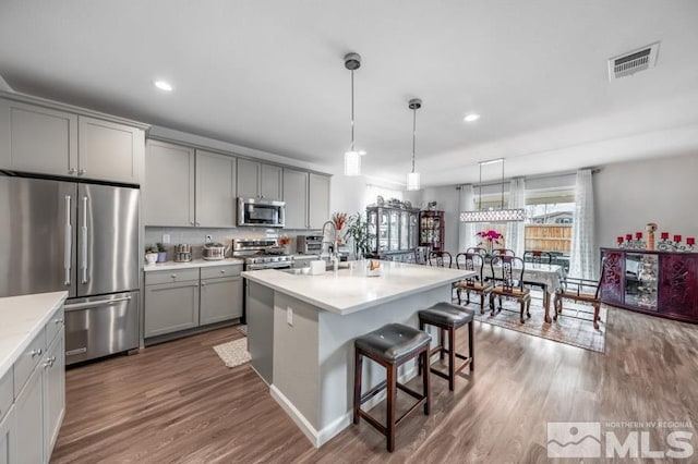 kitchen featuring gray cabinets, an island with sink, decorative light fixtures, and appliances with stainless steel finishes