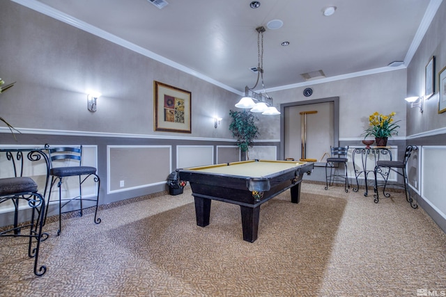 game room featuring ornamental molding and billiards