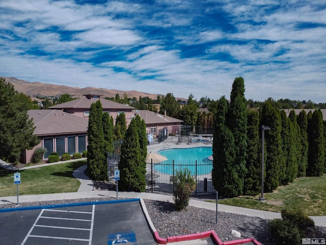 view of pool featuring a mountain view