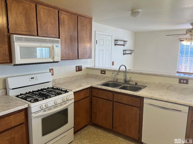 kitchen featuring kitchen peninsula, ceiling fan, white appliances, and sink