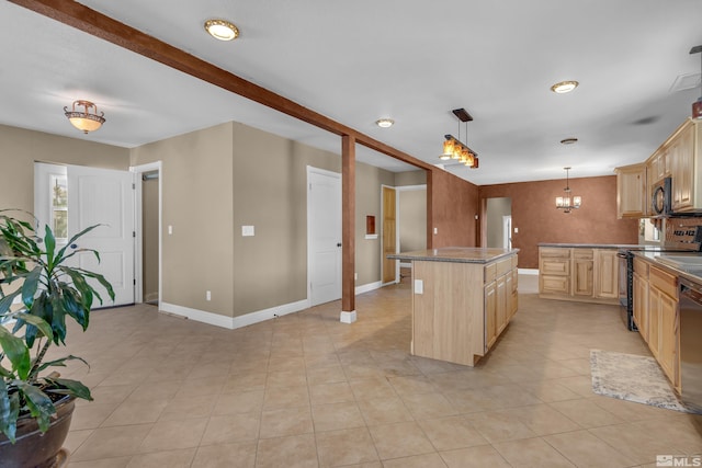 kitchen with light brown cabinetry, decorative light fixtures, dishwasher, a center island, and range with electric stovetop