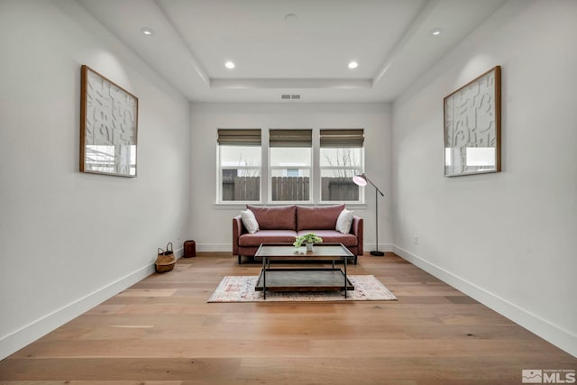 sitting room featuring a raised ceiling and light hardwood / wood-style flooring