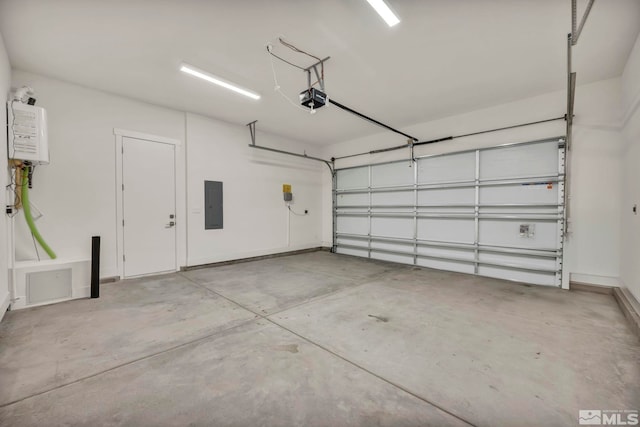 garage with electric panel, water heater, and a garage door opener