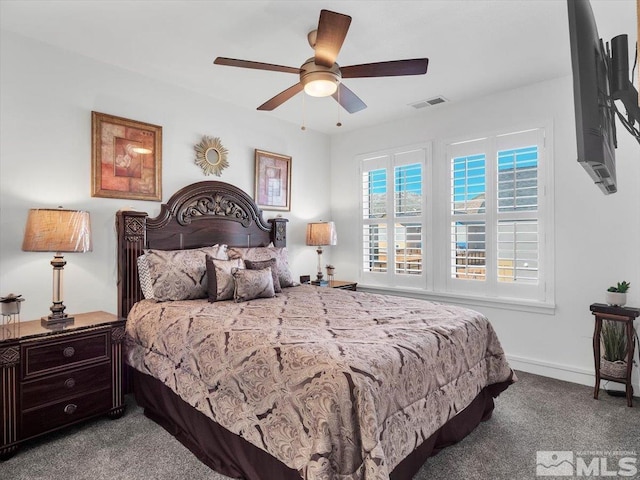 bedroom featuring carpet flooring and ceiling fan