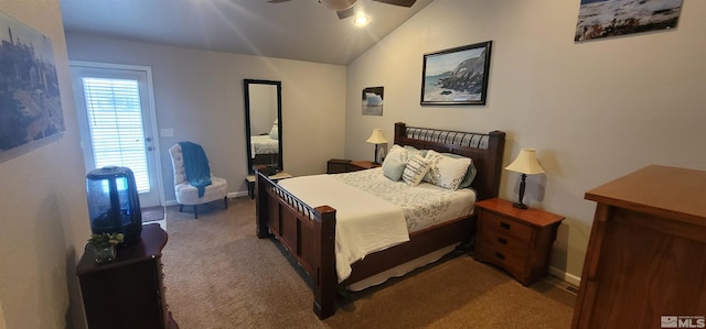 bedroom featuring carpet, ceiling fan, and lofted ceiling