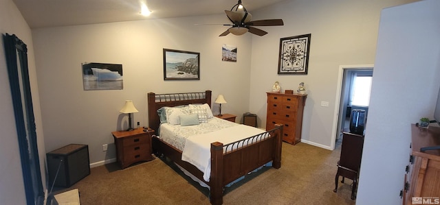 carpeted bedroom featuring vaulted ceiling and ceiling fan