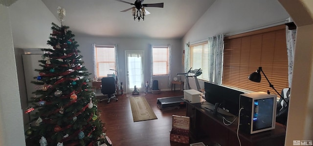 interior space with vaulted ceiling, ceiling fan, and dark wood-type flooring