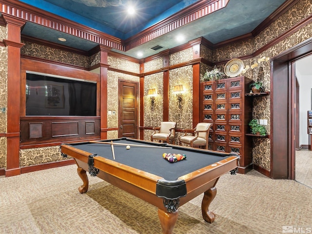 rec room featuring carpet floors, ornamental molding, and pool table