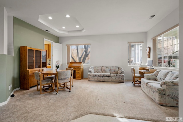 living room featuring a raised ceiling and carpet floors