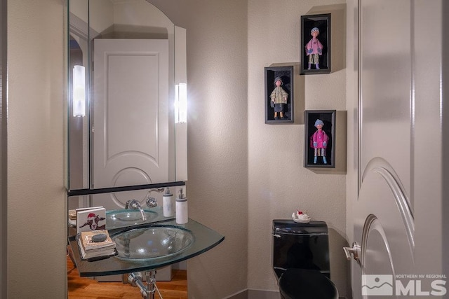 bathroom featuring sink, wood-type flooring, and toilet