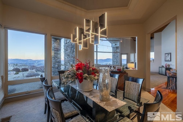 carpeted dining room featuring a mountain view and a raised ceiling