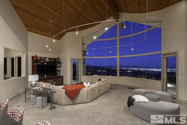 living room featuring carpet flooring, high vaulted ceiling, and wood ceiling