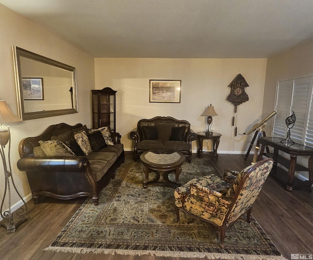 living room with dark hardwood / wood-style flooring