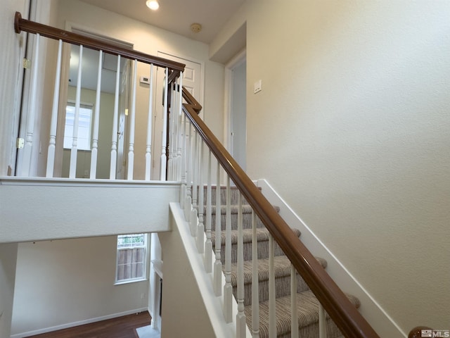 staircase with wood-type flooring