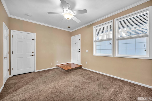 entryway featuring carpet flooring, crown molding, and ceiling fan