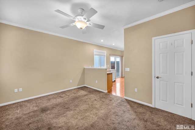 empty room with ceiling fan, crown molding, and carpet