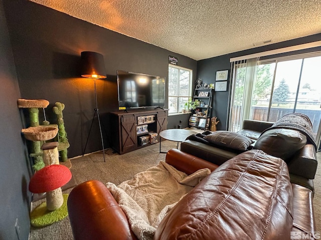 carpeted living room featuring a textured ceiling