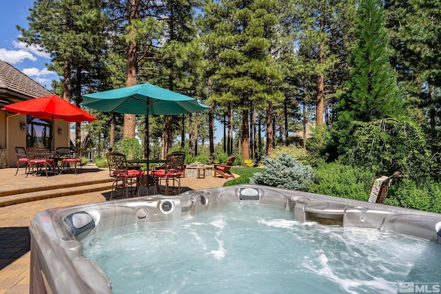 view of swimming pool featuring a patio area and a hot tub