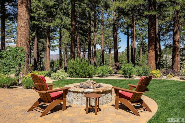 view of patio / terrace featuring an outdoor fire pit